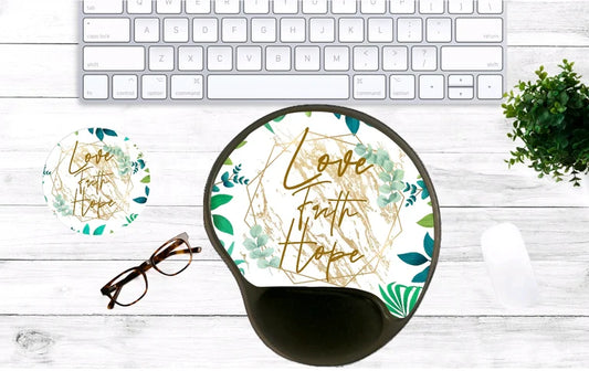 Love Faith Hope Mouse Pad & Coaster Set – Stylish, Durable & Customizable (3 Shape Options)