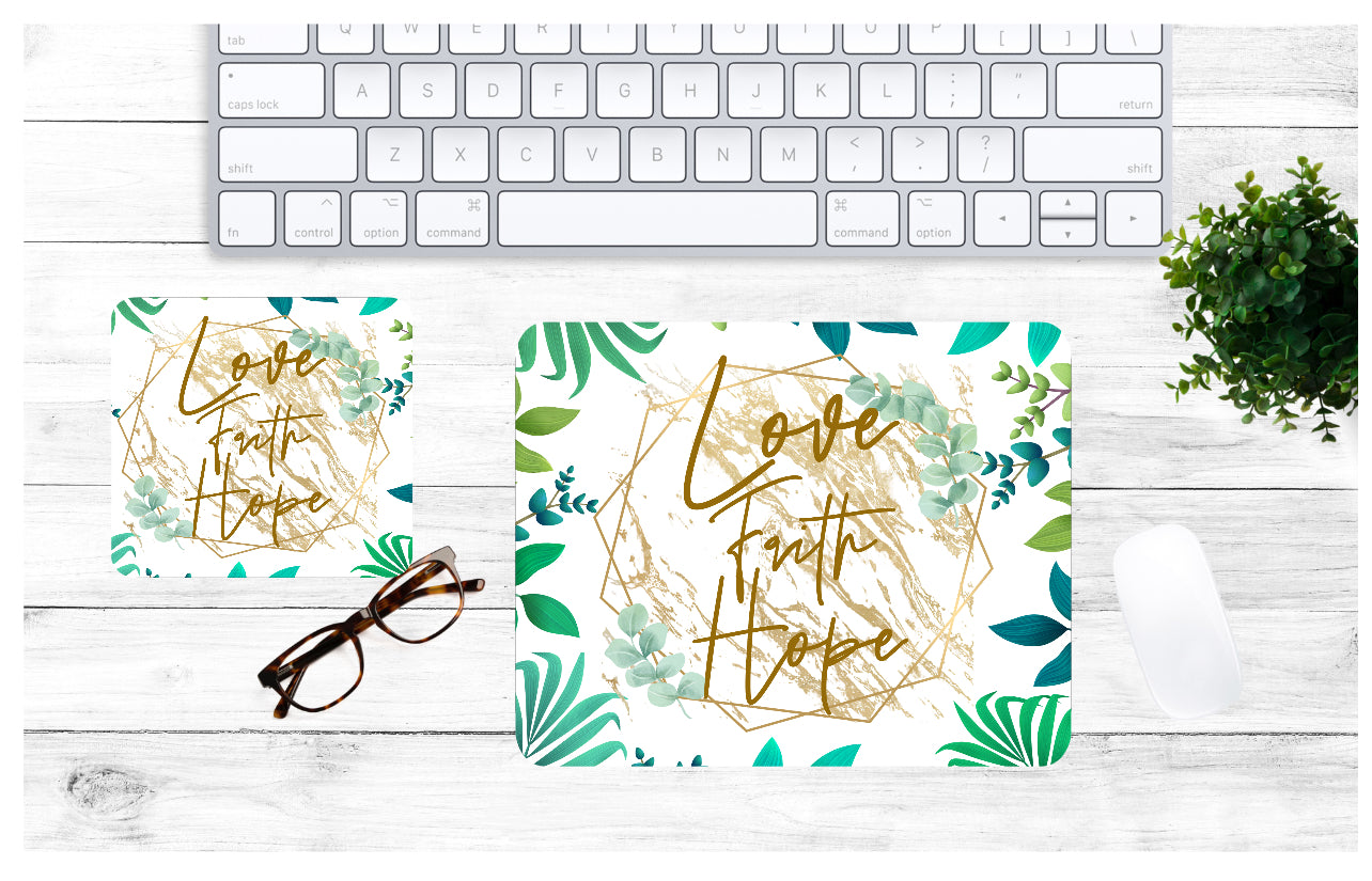 Love Faith Hope Mouse Pad & Coaster Set – Stylish, Durable & Customizable (3 Shape Options)